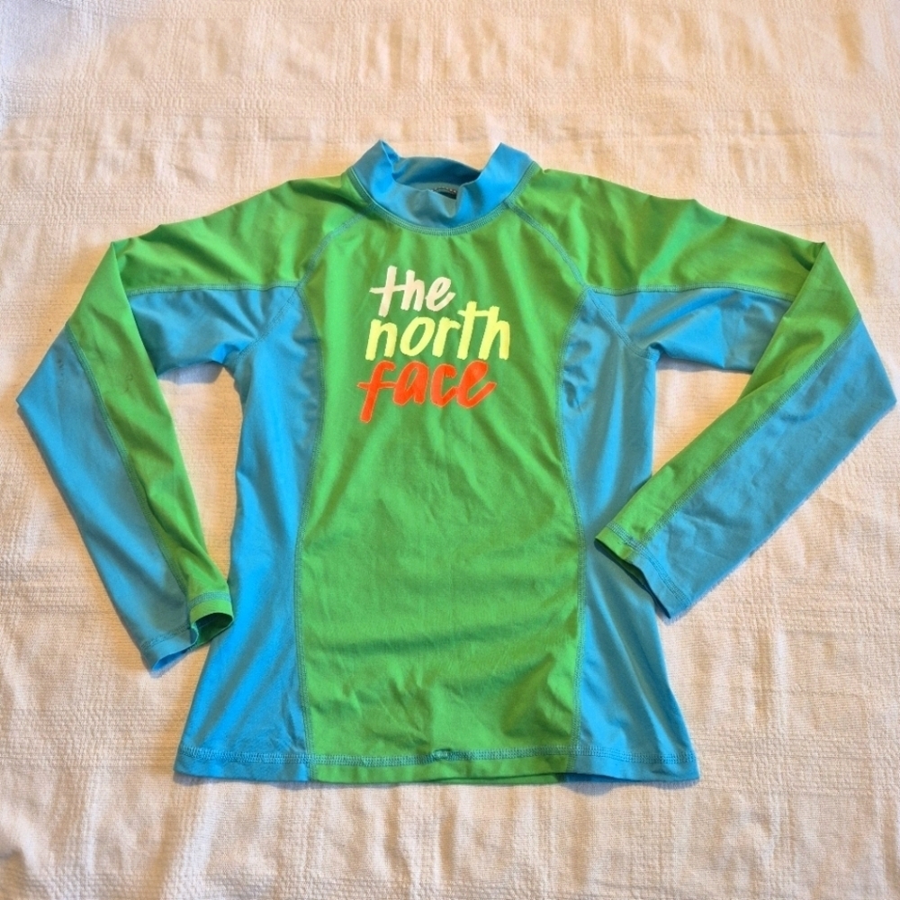North Face girls size Medium or 10/12 blue & green swim rash guard, VGUC